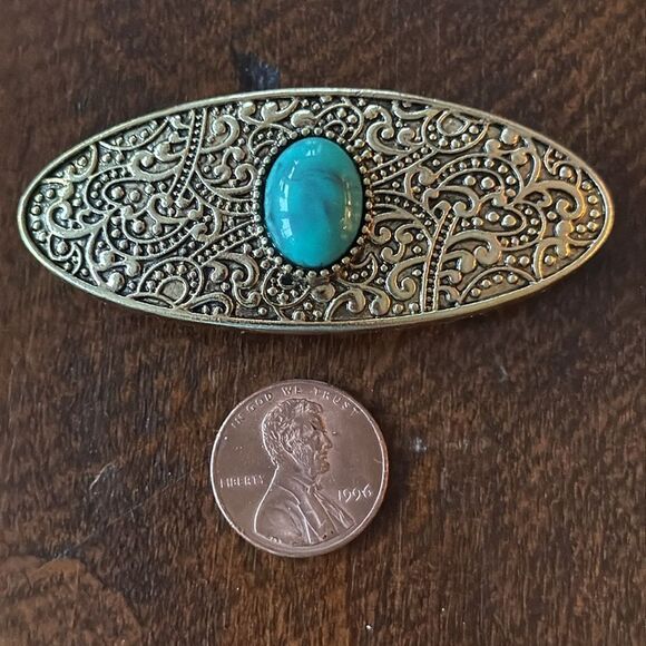 Jeweled French Barrette Set – Simulated Gemstone Inlay: Turquoise, Coral & Opal